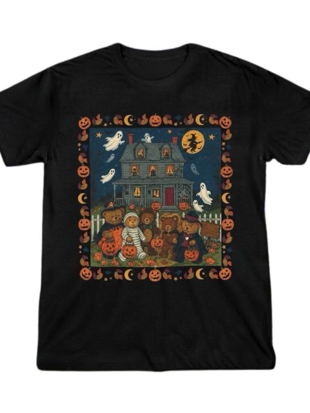 Gildan Spooky Halloween Bear Family Graphic Tee - Black